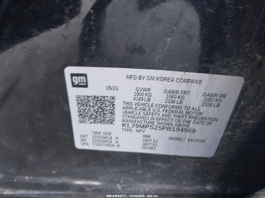 2023 Chevrolet Trailblazer Fwd Lt VIN: KL79MPS25PB194989 Lot: 43942717