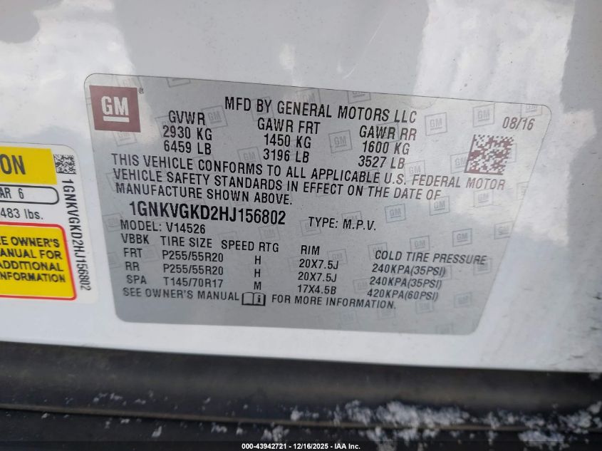 2017 Chevrolet Traverse 1Lt VIN: 1GNKVGKD2HJ156802 Lot: 43942721