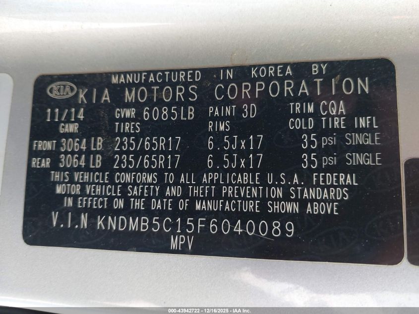 2015 Kia Sedona Lx VIN: KNDMB5C15F6040089 Lot: 43942722