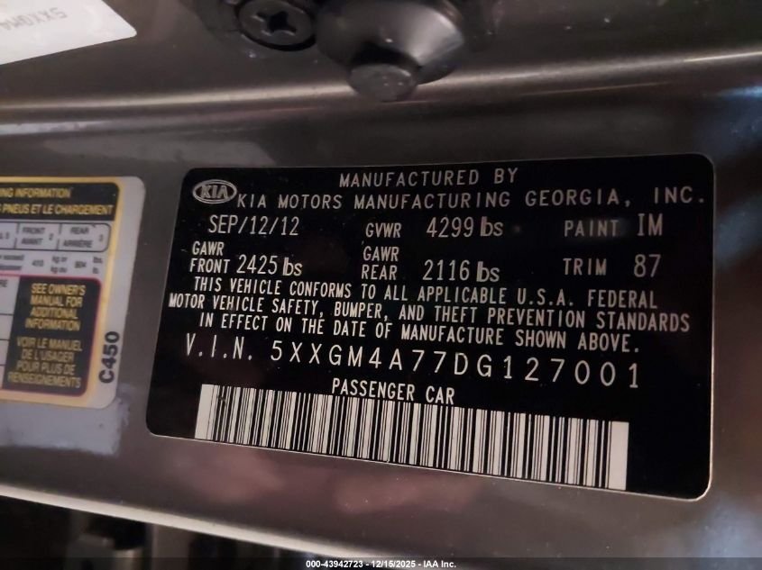 2013 Kia Optima Lx VIN: 5XXGM4A77DG127001 Lot: 43942723