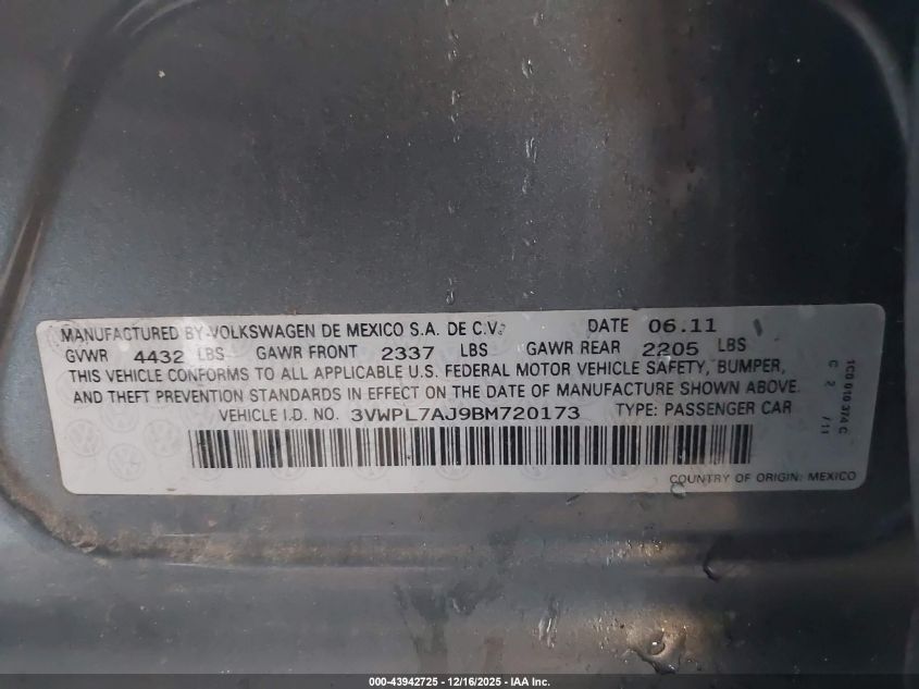 2011 Volkswagen Jetta Sportwagen 2.0L Tdi VIN: 3VWPL7AJ9BM720173 Lot: 43942725