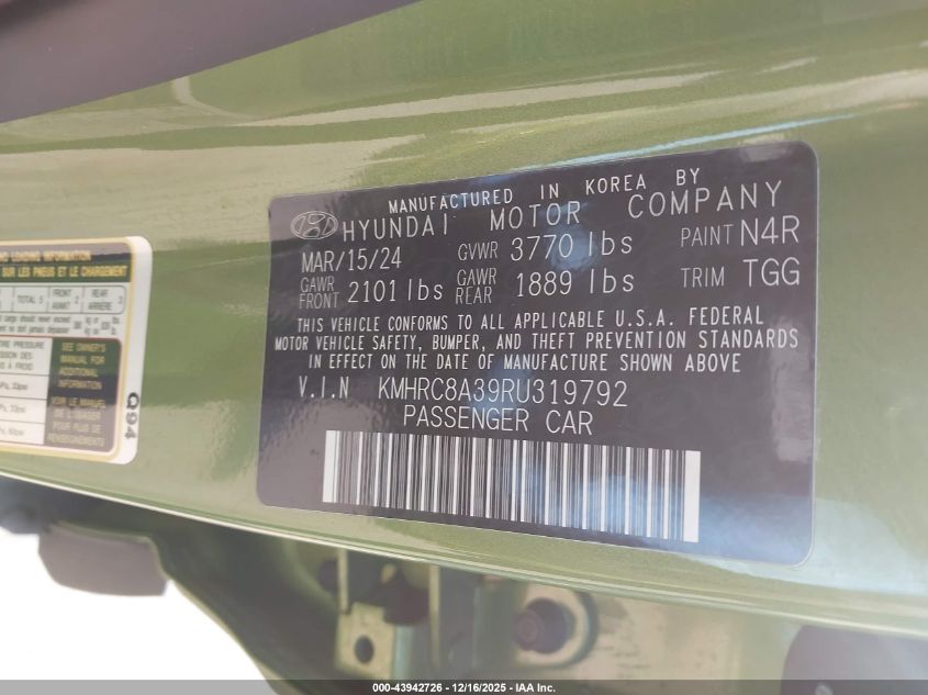 2024 Hyundai Venue Sel VIN: KMHRC8A39RU319792 Lot: 43942726