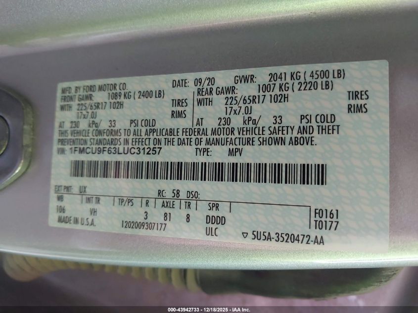 2020 Ford Escape S VIN: 1FMCU9F63LUC31257 Lot: 43942733