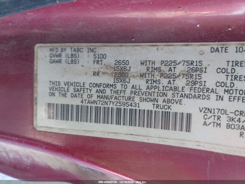 2000 Toyota Tacoma Base V6 VIN: 4TAWN72N7YZ595431 Lot: 43942736