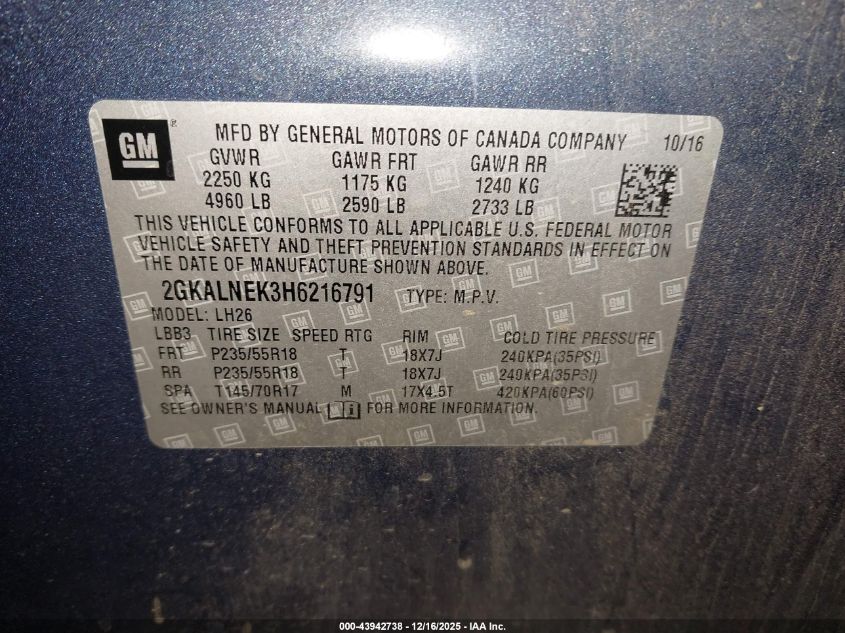 2017 GMC Terrain Sle-2 VIN: 2GKALNEK3H6216791 Lot: 43942738