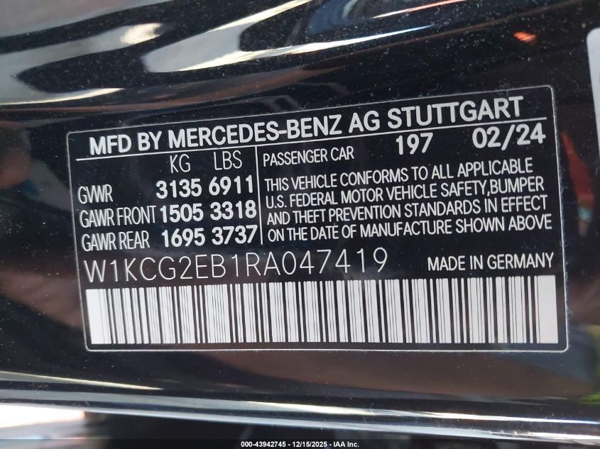 2024 Mercedes-Benz Eqs 450 4Matic VIN: W1KCG2EB1RA047419 Lot: 43942745