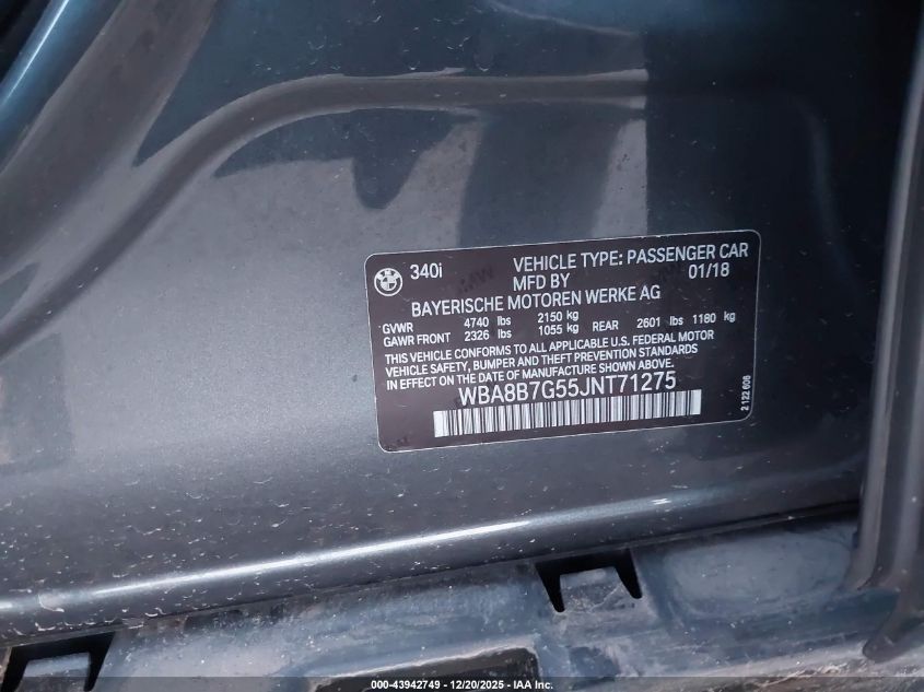 2018 BMW 340I xDrive VIN: WBA8B7G55JNT71275 Lot: 43942749
