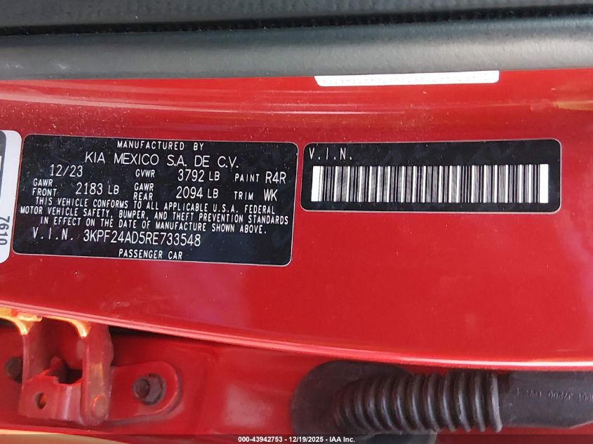 2024 Kia Forte Lxs VIN: 3KPF24AD5RE733548 Lot: 43942753