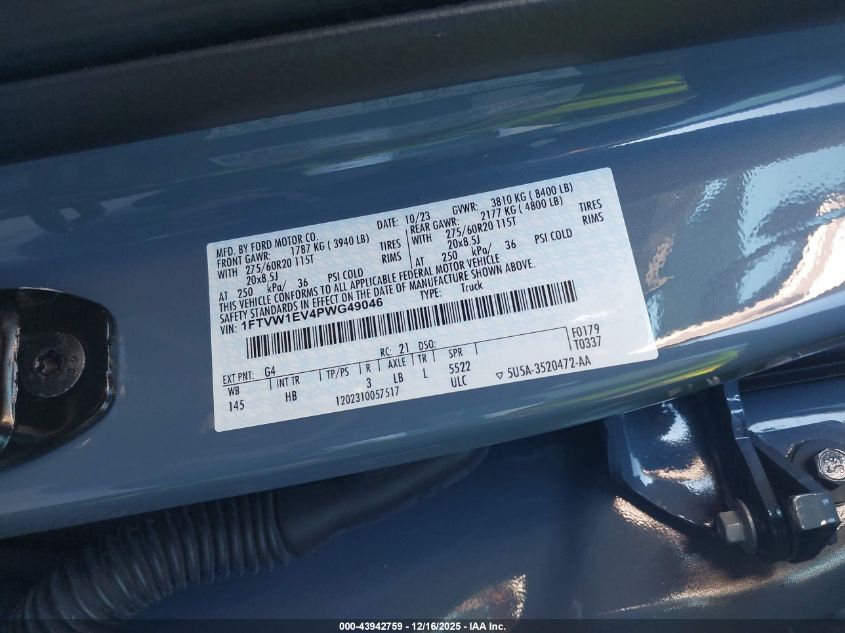 2023 Ford F-150 Lightning Lariat VIN: 1FTVW1EV4PWG49046 Lot: 43942759