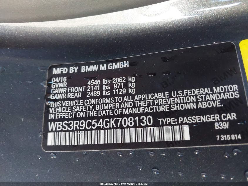 2016 BMW M4 VIN: WBS3R9C54GK708130 Lot: 43942760