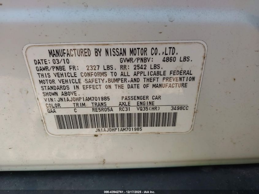 2010 Infiniti Ex35 VIN: JN1AJ0HP1AM701985 Lot: 43942761