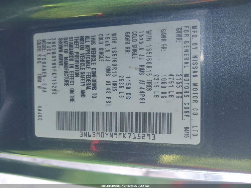 2015 Chevrolet City Express 1Ls VIN: 3N63M0YN9FK715293 Lot: 43942766