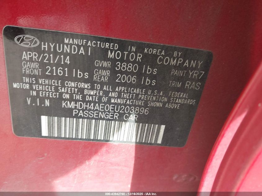 2014 Hyundai Elantra Se VIN: KMHDH4AE0EU203896 Lot: 43942768
