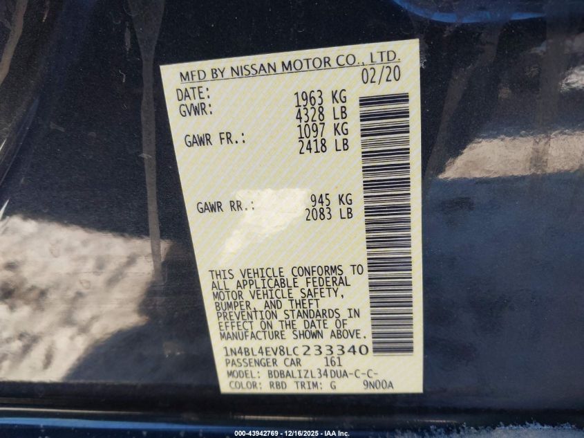 2020 Nissan Altima Sl Fwd VIN: 1N4BL4EV8LC233340 Lot: 43942769