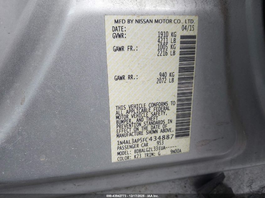 2015 Nissan Altima 2.5/2.5 S/2.5 Sl/2.5 Sv VIN: 1N4AL3AP5FC434887 Lot: 43942773