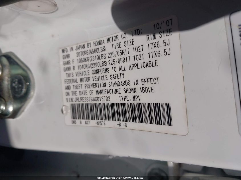 2008 Honda Cr-V Ex-L VIN: JHLRE38788C013703 Lot: 43942776