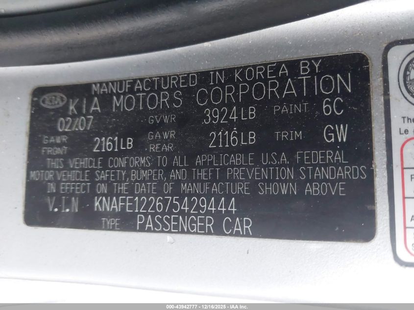 2007 Kia Spectra Ex VIN: KNAFE122675429444 Lot: 43942777