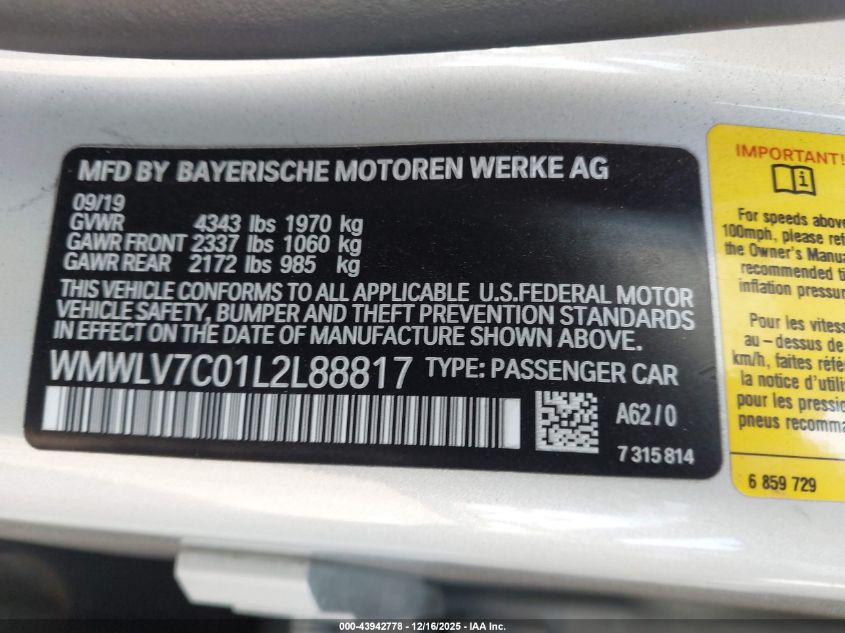 2020 Mini Clubman Cooper S VIN: WMWLV7C01L2L88817 Lot: 43942778