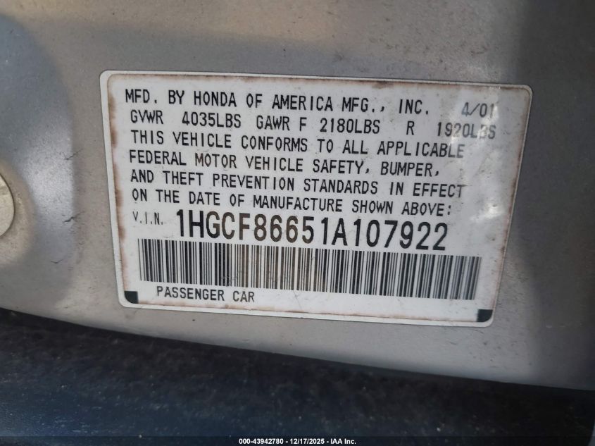 2001 Honda Accord Value Package VIN: 1HGCF86651A107922 Lot: 43942780