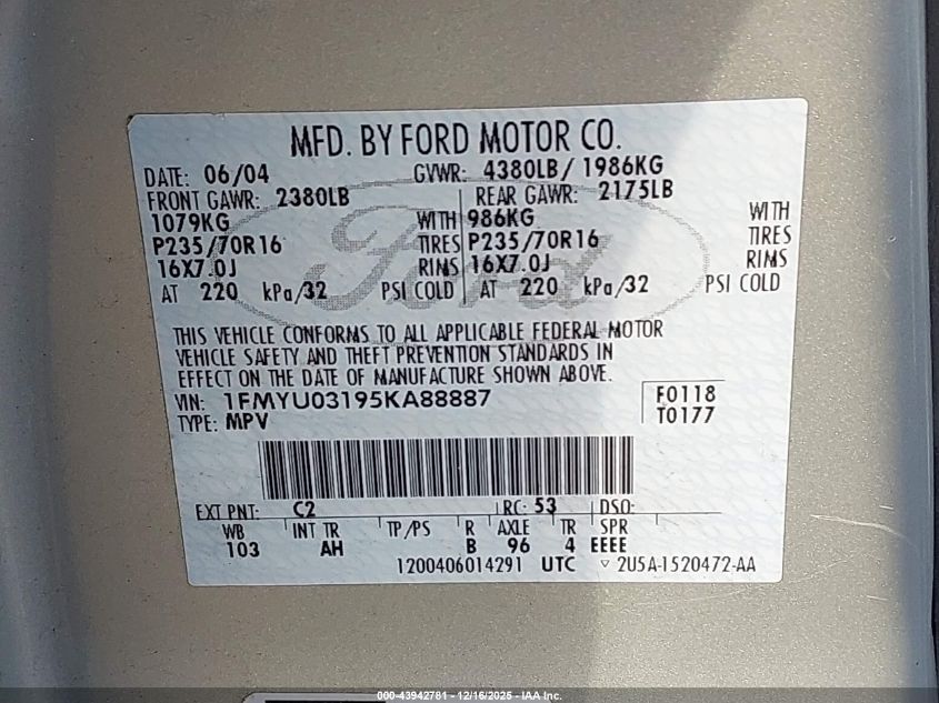 2005 Ford Escape Xlt VIN: 1FMYU03195KA88887 Lot: 43942781