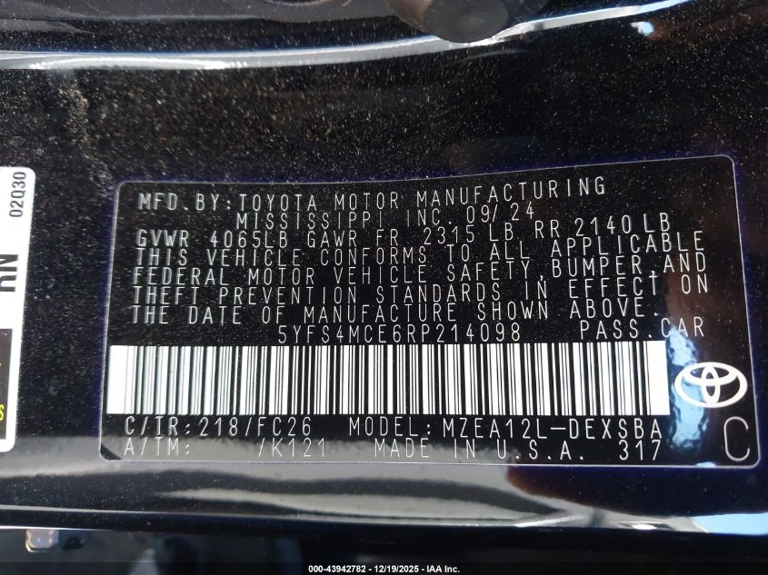 2024 Toyota Corolla Se VIN: 5YFS4MCE6RP214098 Lot: 43942782