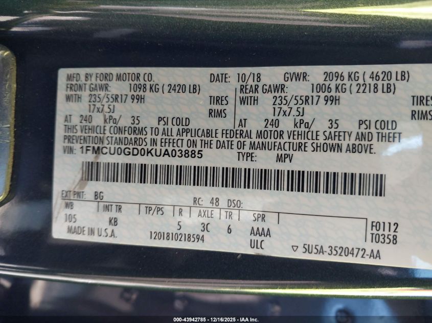 2019 Ford Escape Se VIN: 1FMCU0GD0KUA03885 Lot: 43942785