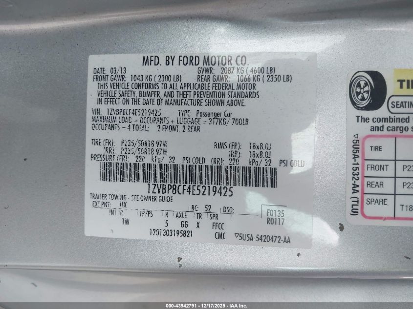 2014 Ford Mustang Gt VIN: 1ZVBP8CF4E5219425 Lot: 43942791