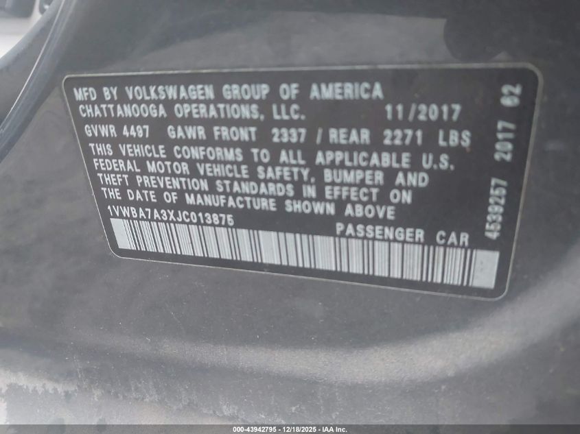 2018 Volkswagen Passat 2.0T Se VIN: 1VWBA7A3XJC013875 Lot: 43942795