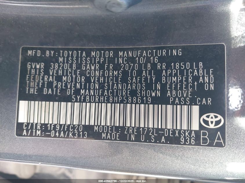 2017 Toyota Corolla Se VIN: 5YFBURHE8HP588619 Lot: 43942796