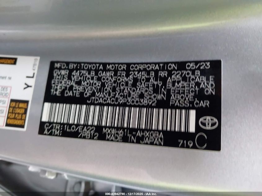 2023 Toyota Prius Prime Xse VIN: JTDACACU9P3003892 Lot: 43942798