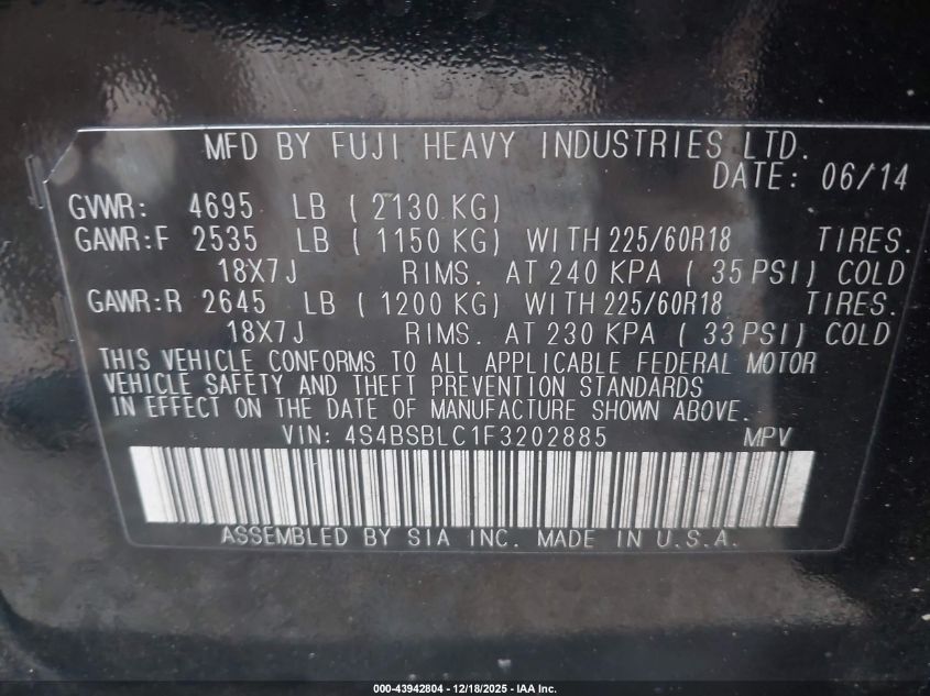 2015 Subaru Outback 2.5I Limited VIN: 4S4BSBLC1F3202885 Lot: 43942804