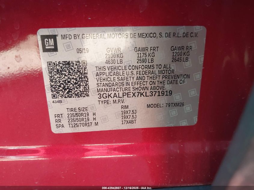 2019 GMC Terrain Slt VIN: 3GKALPEX7KL371919 Lot: 43942807