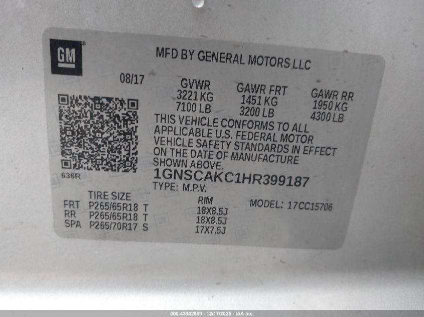 2017 Chevrolet Tahoe Ls VIN: 1GNSCAKC1HR399187 Lot: 43942809