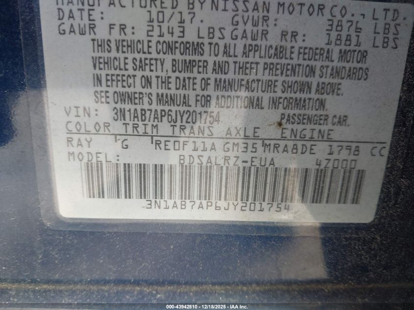 2018 Nissan Sentra Sr VIN: 3N1AB7AP6JY201754 Lot: 43942810
