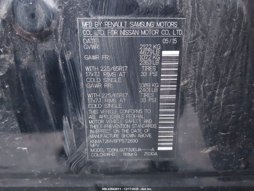 2015 Nissan Rogue Sv VIN: KNMAT2MV8FP572690 Lot: 43942811