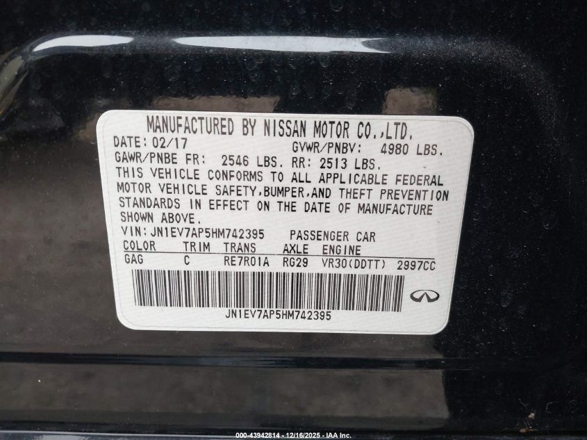 2017 Infiniti Q50 3.0T Signature Edition VIN: JN1EV7AP5HM742395 Lot: 43942814