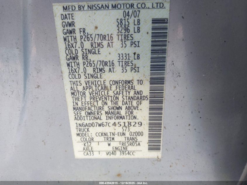 2007 Nissan Frontier Se VIN: 1N6AD07W67C451829 Lot: 43942815