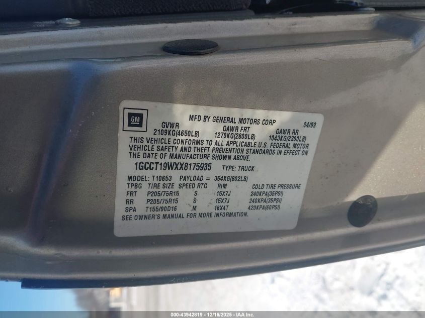 1999 Chevrolet S-10 Ls VIN: 1GCCT19WXX8175935 Lot: 43942819
