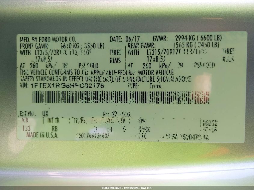 2017 Ford F-150 Raptor VIN: 1FTEX1RG8HFC82176 Lot: 43942822