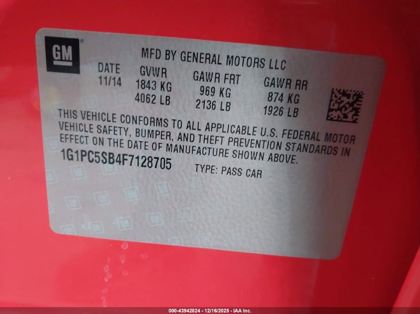 2015 Chevrolet Cruze 1Lt Auto VIN: 1G1PC5SB4F7128705 Lot: 43942824