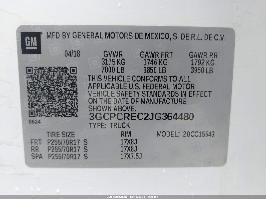 2018 Chevrolet Silverado 1500 1Lt VIN: 3GCPCREC2JG364480 Lot: 43942828