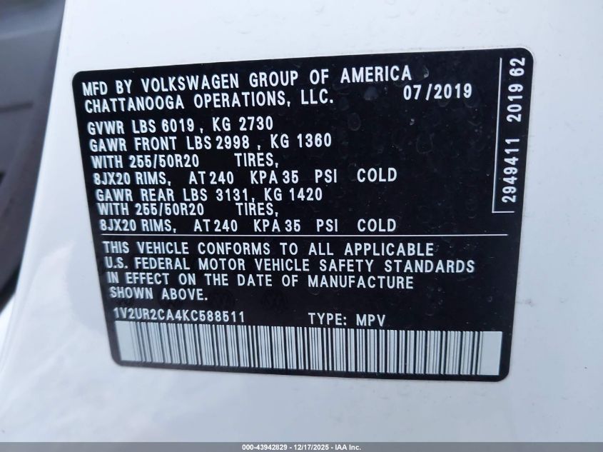 2019 Volkswagen Atlas 3.6L V6 Se W/Technology VIN: 1V2UR2CA4KC588511 Lot: 43942829
