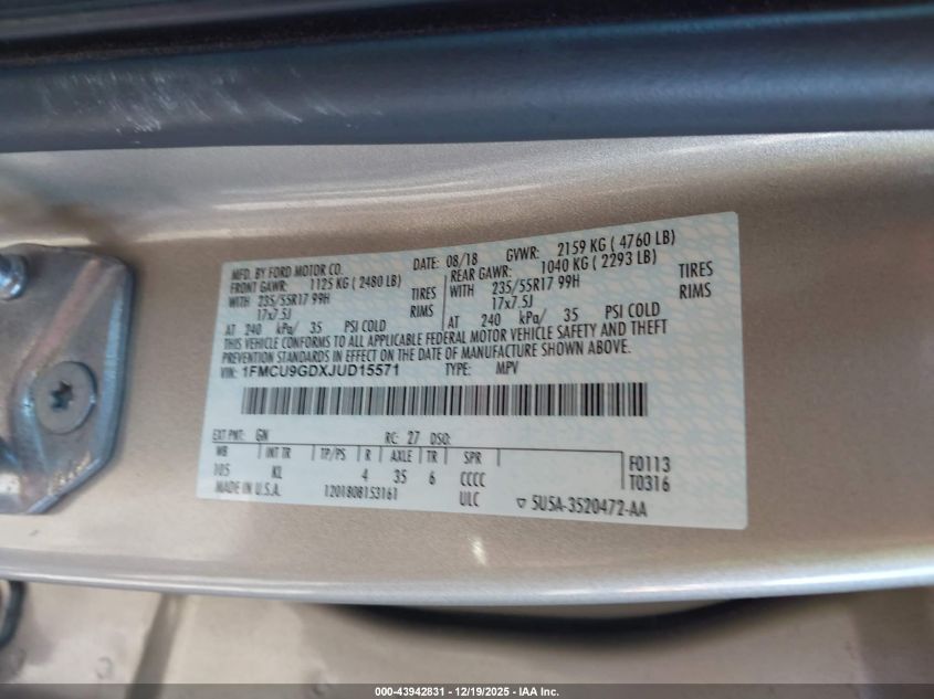 2018 Ford Escape Se VIN: 1FMCU9GDXJUD15571 Lot: 43942831