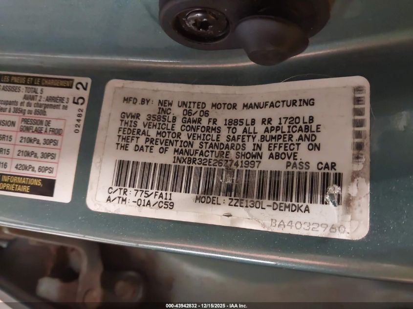 2006 Toyota Corolla Ce VIN: 1NXBR32E26Z741997 Lot: 43942832