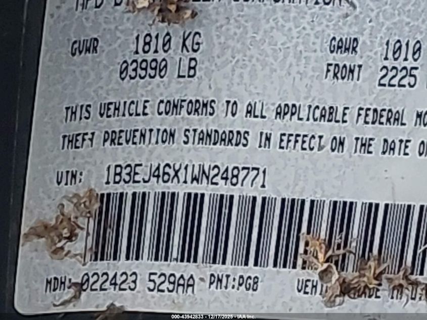 1998 Dodge Stratus VIN: 1B3EJ46X1WN248771 Lot: 43942833