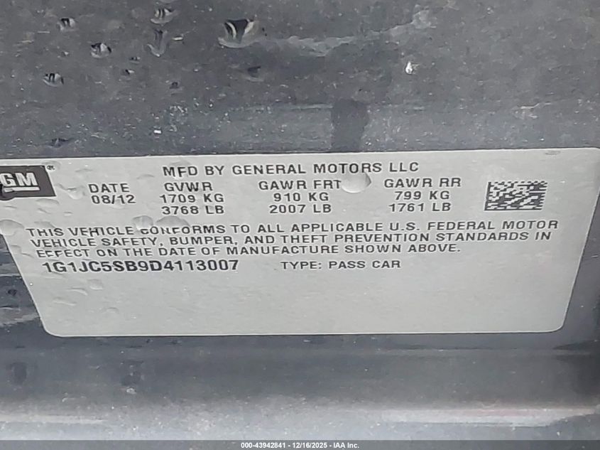 2013 Chevrolet Sonic Lt Auto VIN: 1G1JC5SB9D4113007 Lot: 43942841
