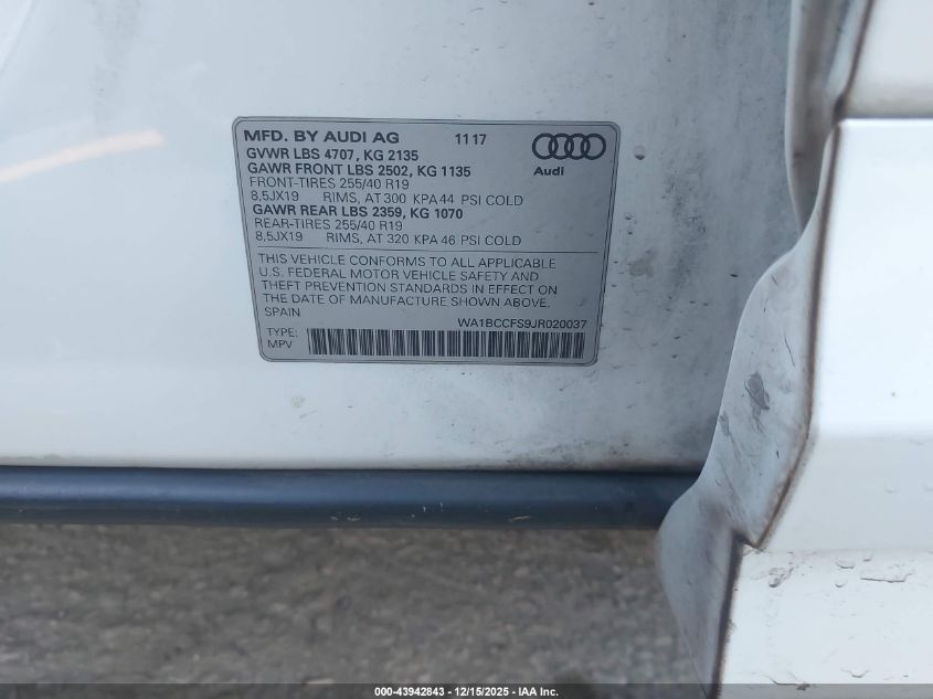 2018 Audi Q3 2.0T Premium/2.0T Sport Premium VIN: WA1BCCFS9JR020037 Lot: 43942843