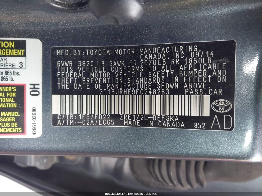 2015 Toyota Corolla S Plus VIN: 2T1BURHE9FC248263 Lot: 43942847