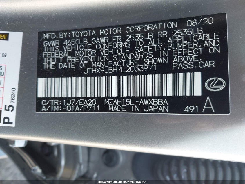 2020 Lexus Ux 250H VIN: JTHX9JBH7L2033971 Lot: 43942848