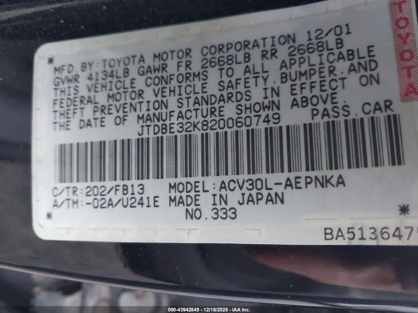 2002 Toyota Camry Le VIN: JTDBE32K820060749 Lot: 43942849